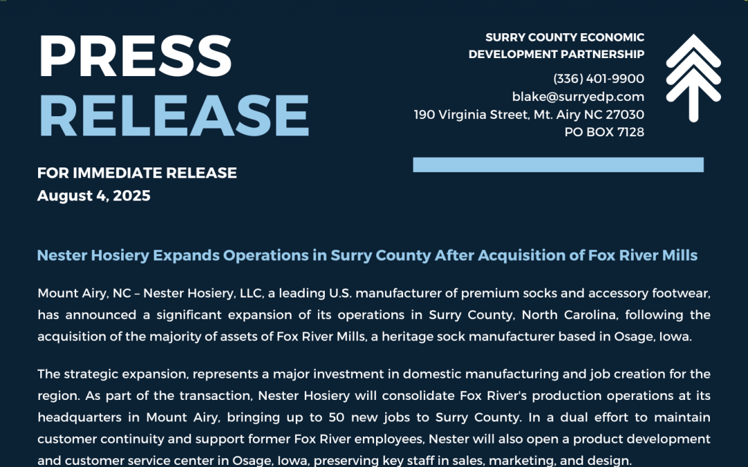 Nester Hosiery Expands Operations in Surry County After Acquisition of Fox River Mills