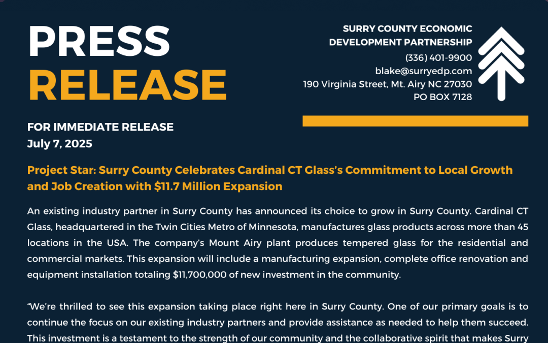 Project Star: Surry County Celebrates Cardinal CT Glass’s Commitment to Local Growth and Job Creation with $11.7 Million Expansion